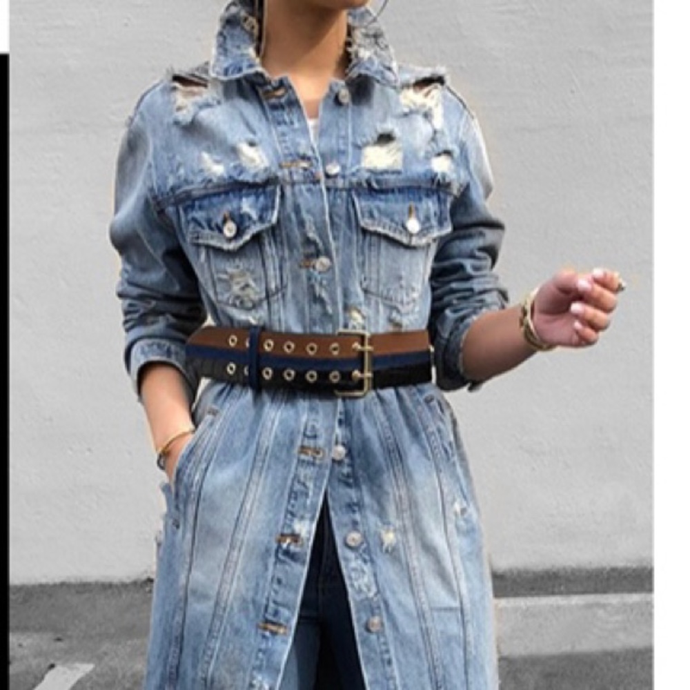 Long distressed denim jacket